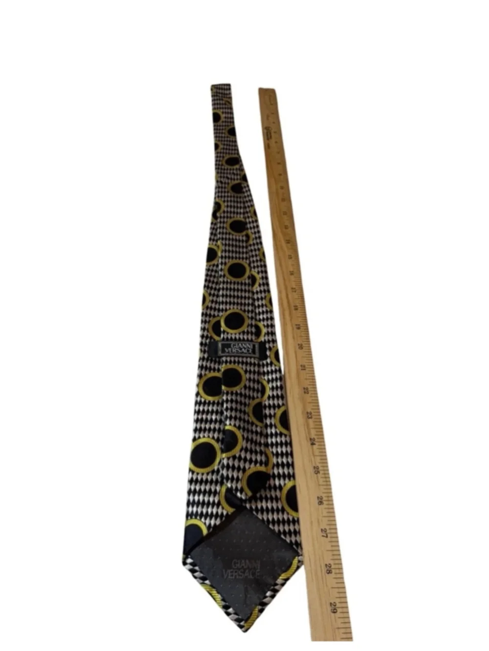 Gianni Versace Geometric Circle Silk Tie Black Gold Harlequin Italy 90s